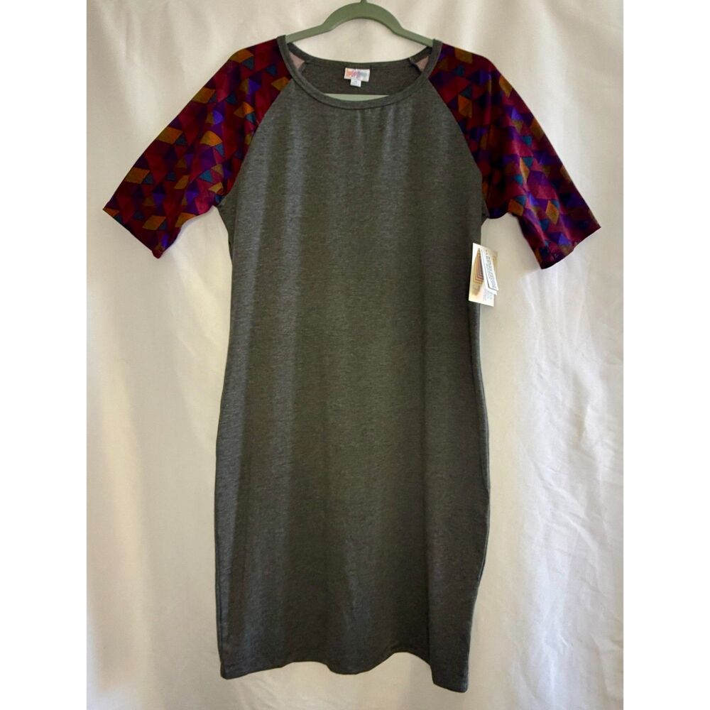 NWT LuLaRoe grey Julia dress with a colorful geometric pattern. Size XL